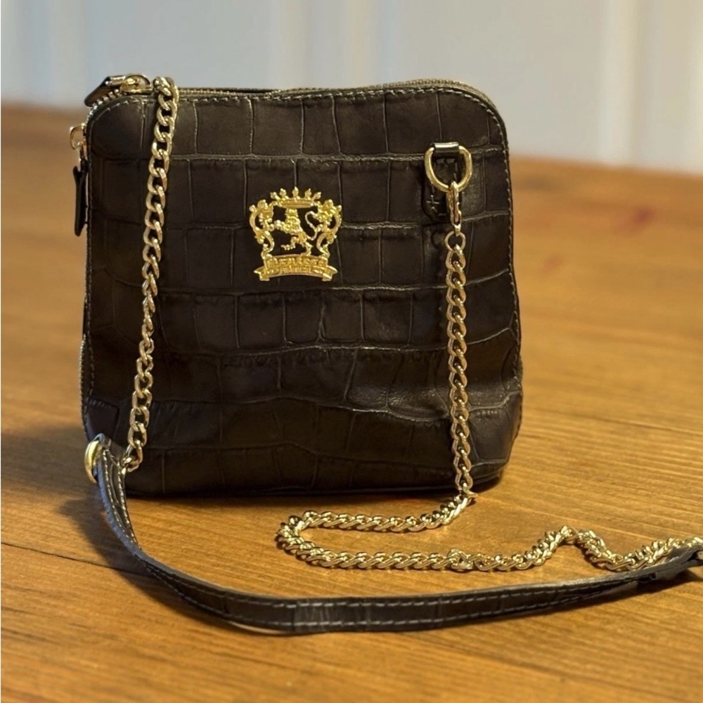 Pratesi Firenze Italian Gray Croc Embossed Crossbody Bag - Gold Chain